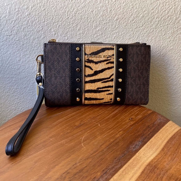 Michael Kors Jet Set Double Zip Wristlet Signature Brown Logo Tiger Calf Hair